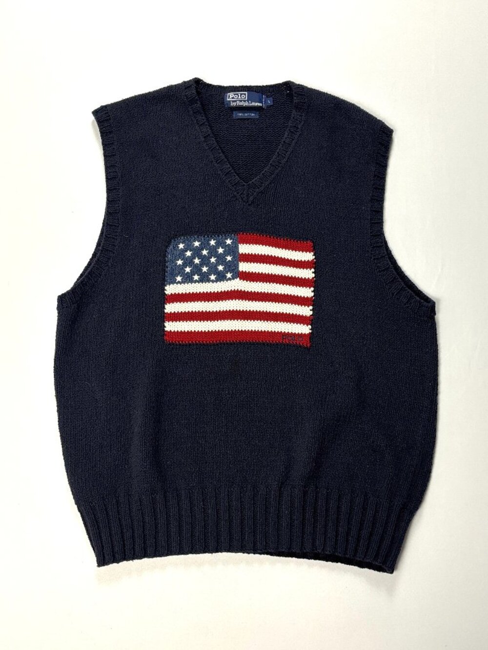 Vintage Polo Ralph Lauren American Flag V Neck Sweater Vest Navy Blue M/L Cotton